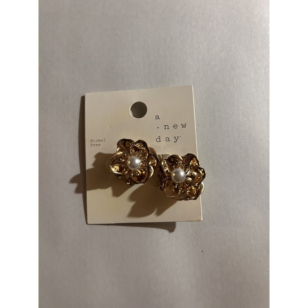 A New Day Rose Gold Tone Flower Pearl Center Stud Earrings EA20861GL